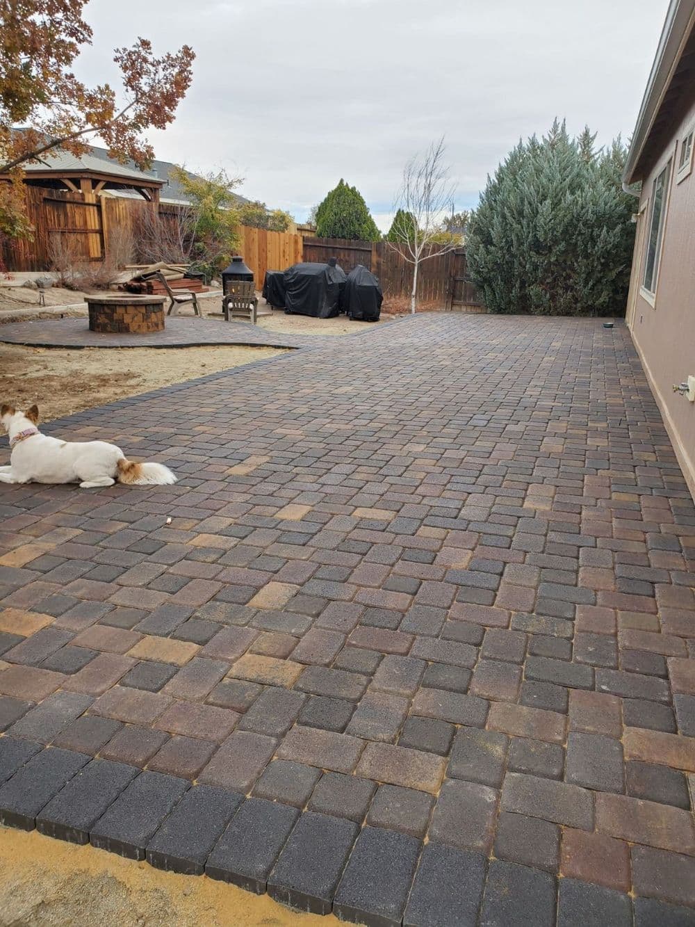 Paved backyard patio with a dog lying down and outdoor furniture in the background.